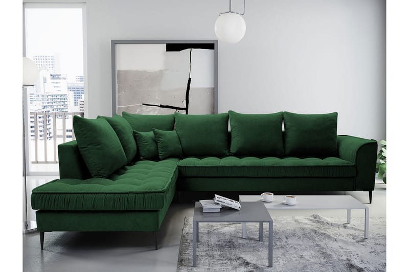 3-seters Hjørnesofa - Grønn - Sofa med sjeselong - Fløyel sofaer - 3 seters sofa med divan