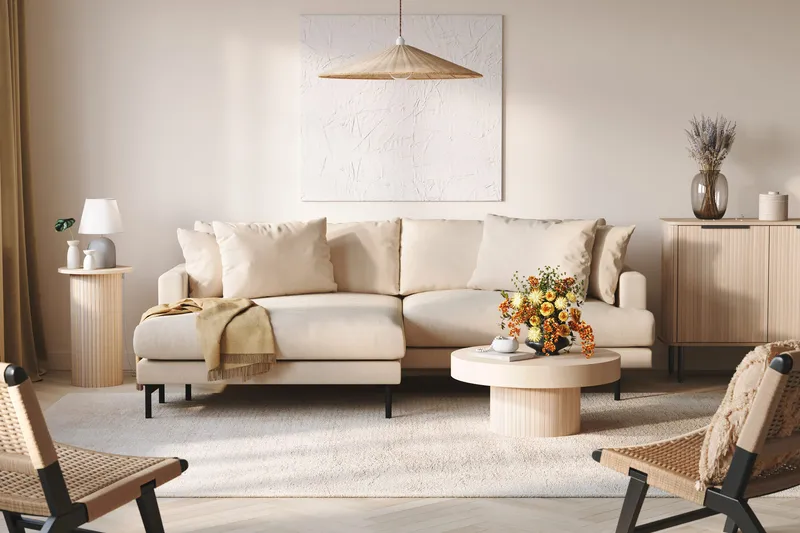 Menard 4-seters Venstrevendt L-formet Divansofa i Manchester - Beige - Møbler - Sofaer - Sofa med sjeselong - 4 seters sofa med divan