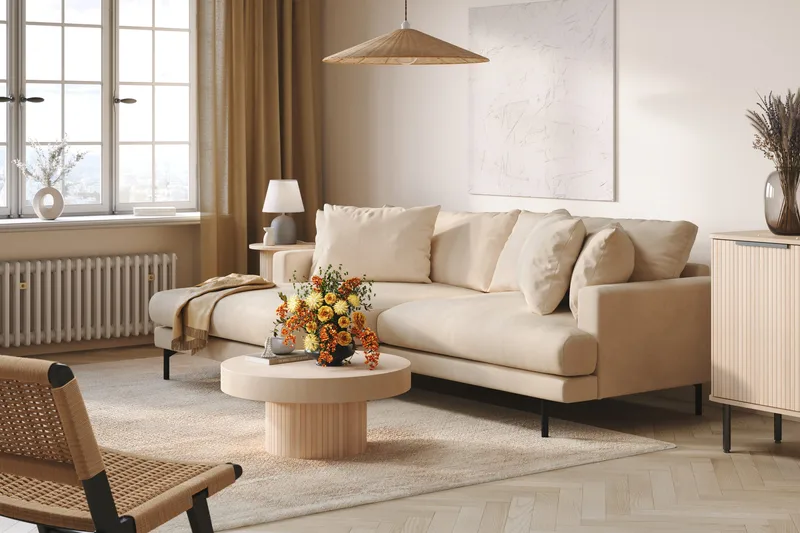 Menard 4-seters Venstrevendt L-formet Divansofa i Manchester - Beige - Møbler - Sofaer - Sofa med sjeselong - 4 seters sofa med divan
