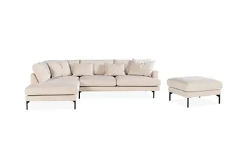 Menard 4-seters Venstrevendt L-formet Sjeselongsofa + Fotskammel i Manchester - Beige - Møbler - Sofaer - Sofa med sjeselong - 3 seters sofa med divan