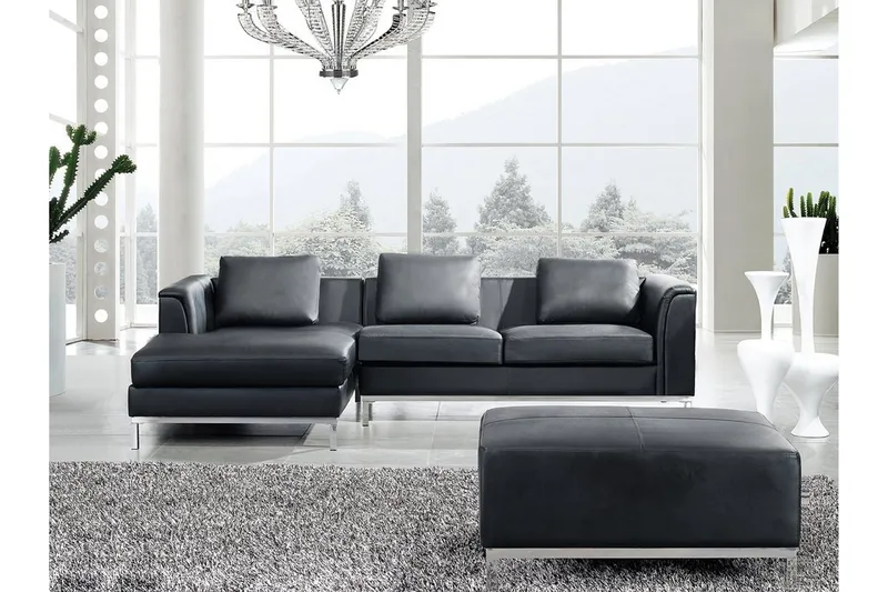 Dugard Hjørnesofa Høyre + Fotskammel, Svart/Lær