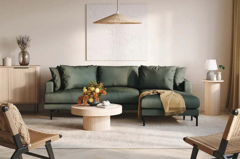 Menard 3-seters Høyrevendt L-formet Divansofa i Manchester - Grønn - Møbler - Sofaer - Sofa med sjeselong - 3 seters sofa med divan