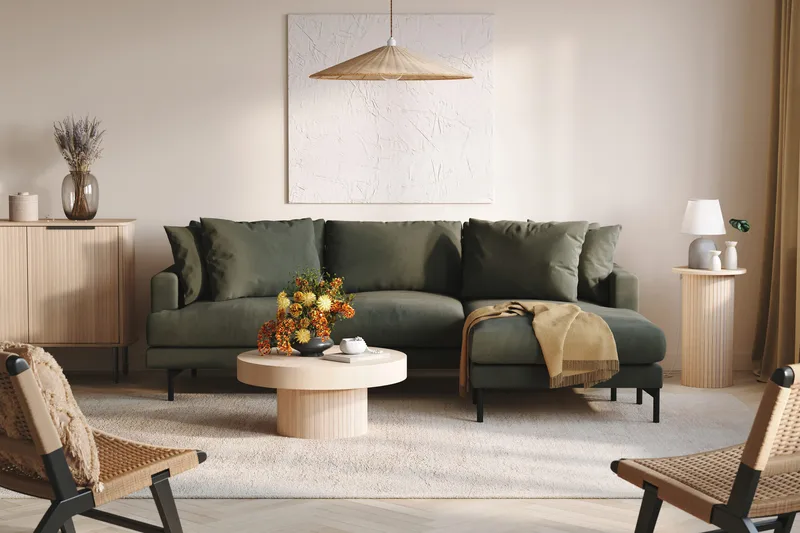 Menard 3-seters Høyrevendt L-formet Divansofa i Manchester - Mørk grønn - Møbler - Sofaer - Sofa med sjeselong - 3 seters sofa med divan