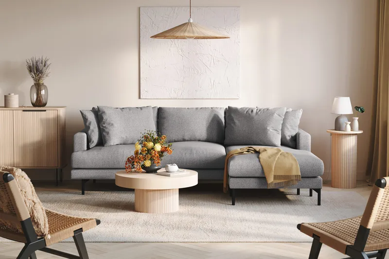 Menard 3-seters Høyrevendt L-formet Divansofa i Stoff - Grå - Møbler - Sofaer - Sofa med sjeselong - 3 seters sofa med divan