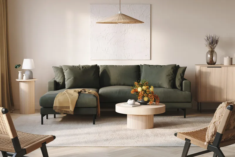 Menard 3-seters Venstrevendt L-formet Divansofa i Manchester - Mørk grønn - Møbler - Sofaer - Sofa med sjeselong - 3 seters sofa med divan