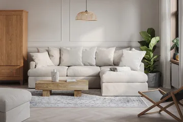 Menard 4-seters Høyrevendt Dyp L-formet Sjeselongsofa i Stoff - Beige - Møbler - Sofaer - Sofa med sjeselong - 4 seters sofa med divan