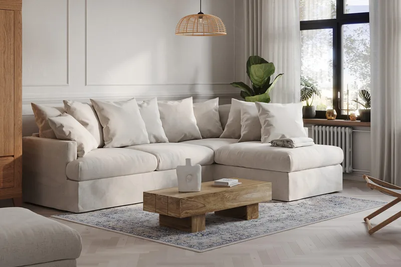 Menard 4-seters Høyrevendt Dyp L-formet Sjeselongsofa i Stoff - Beige - Møbler - Sofaer - Sofa med sjeselong - 4 seters sofa med divan
