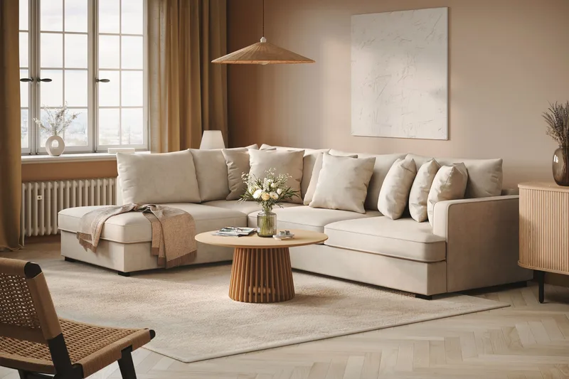 Rossita 4-seters Venstrevendt L-formet Dyp Sjeselongsofa i Stoff - Beige - Møbler - Sofaer - Sofa med sjeselong - 4 seters sofa med divan