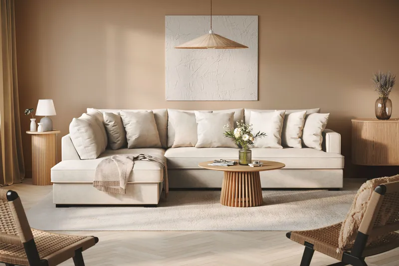 Rossita 4-seters Venstrevendt L-formet Dyp Sjeselongsofa i Stoff - Beige - Møbler - Sofaer - Sofa med sjeselong - 4 seters sofa med divan