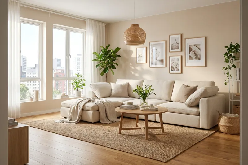 Visby 4-seters L-formet dyp vendbar sofa med sjeselong i stoff - Beige - Møbler - Sofaer - Sofa med sjeselong - 4 seters sofa med divan