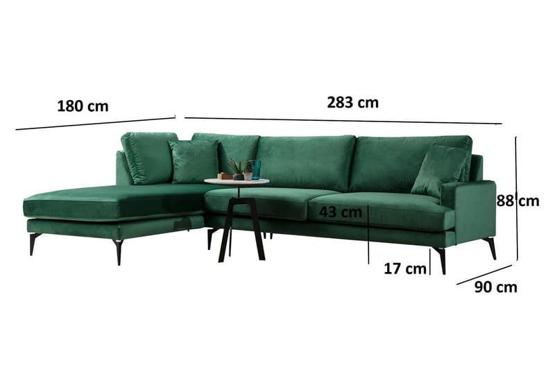 Andary Divansofa - Grønn/Svart - Sofa med sjeselong - 4 seters sofa med divan