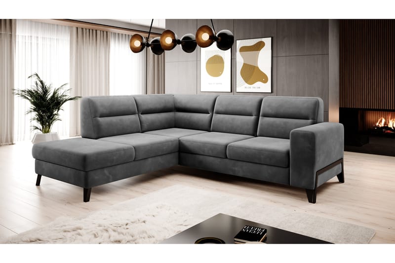 Anglika Sofa m. Sjeselong 4-seters - Grå - Sofa med sjeselong - 4 seters sofa med divan - Fløyel sofaer