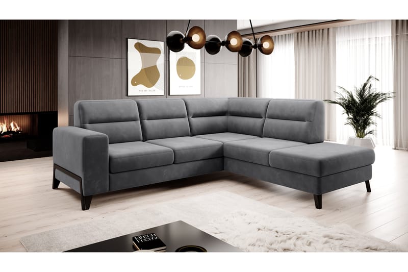 Anglika Sofa m. Sjeselong 4-seters - Grå - Sofa med sjeselong - 4 seters sofa med divan - Fløyel sofaer