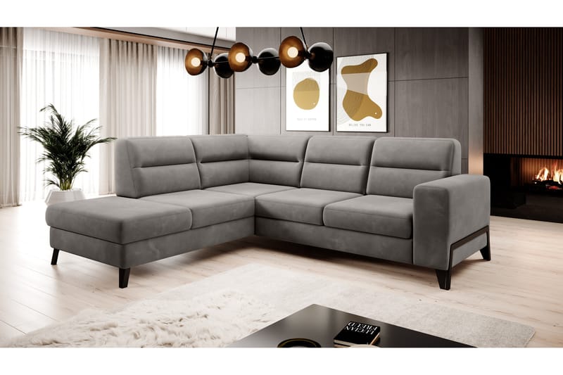 Anglika Sofa m. Sjeselong 4-seters - Grå - Sofa med sjeselong - 4 seters sofa med divan - Fløyel sofaer