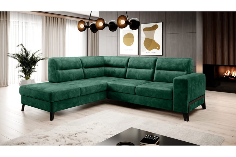 Anglika Sofa m. Sjeselong 4-seters - Grønn - Sofa med sjeselong - 4 seters sofa med divan - Fløyel sofaer