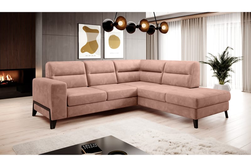 Anglika Sofa m. Sjeselong 4-seters - Rosa - Sofa med sjeselong - 4 seters sofa med divan - Fløyel sofaer