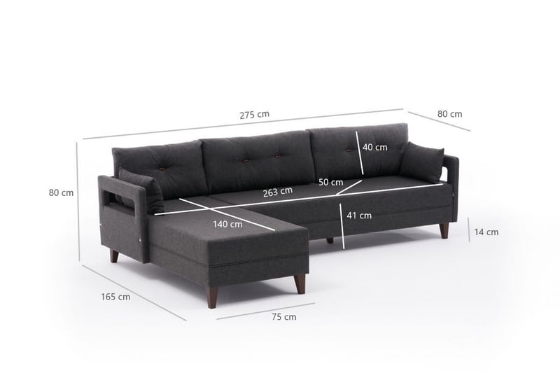 Angola Sofa m. Divan 4-seters - Antrasitt - Sofa med sjeselong - 4 seters sofa med divan