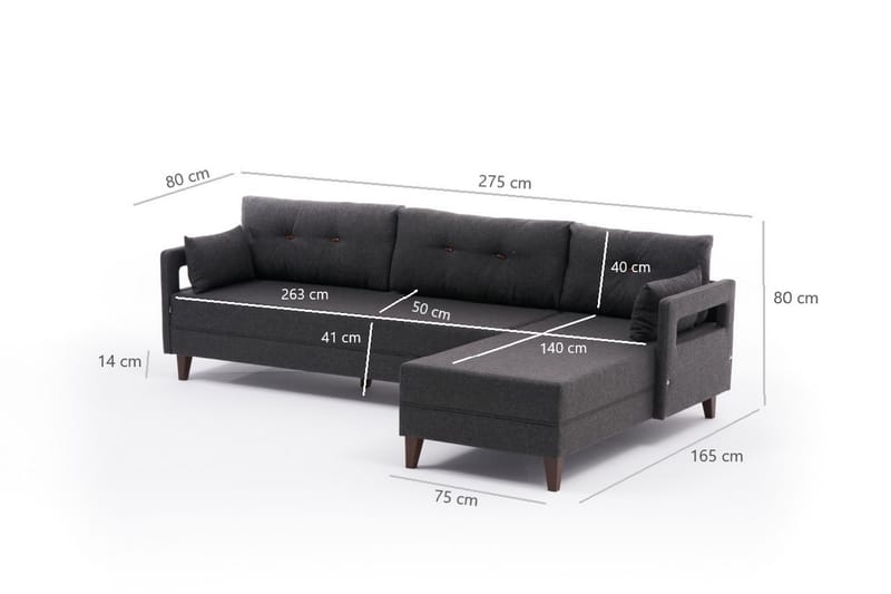 Angola Sofa m. Divan 4-seters - Antrasitt - Sofa med sjeselong - 4 seters sofa med divan