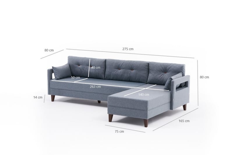 Angola Sofa m. Divan 4-seters - Blå - Sofa med sjeselong - 4 seters sofa med divan