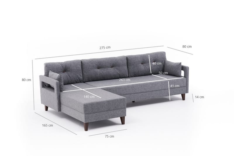 Angola Sofa m. Divan 4-seters - Grå - Sofa med sjeselong - 4 seters sofa med divan