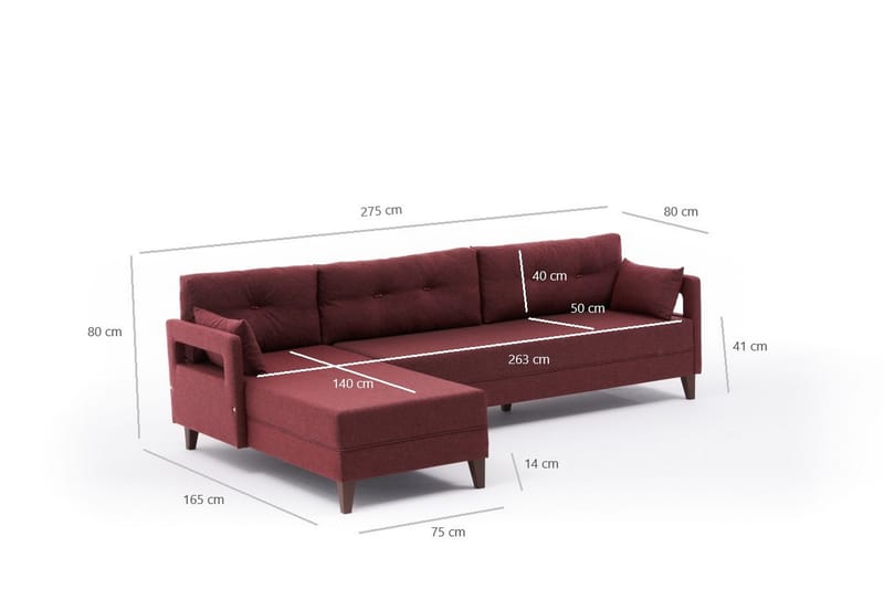 Angola Sofa m. Divan 4-seters - Rød - Sofa med sjeselong - 4 seters sofa med divan