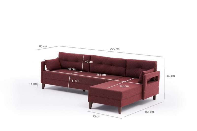 Angola Sofa m. Divan 4-seters - Rød - Sofa med sjeselong - 4 seters sofa med divan