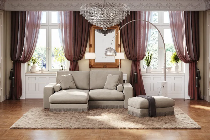 Arken Lyx vendbar, dyp 3-seters L-formet sjeselongsofa i fløyel - Beige - Møbler - Sofaer - Sofa med sjeselong