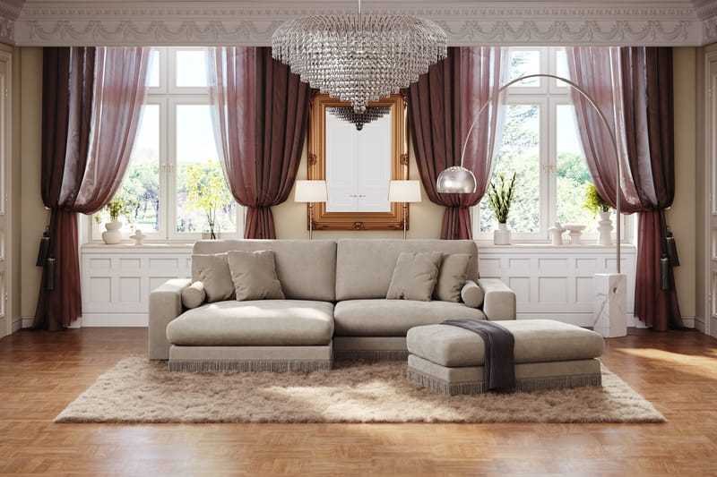 Arken Lyx vendbar, dyp 4-seters L-formet sjeselongsofa i fløyel - Beige - Møbler - Sofaer - Sofa med sjeselong