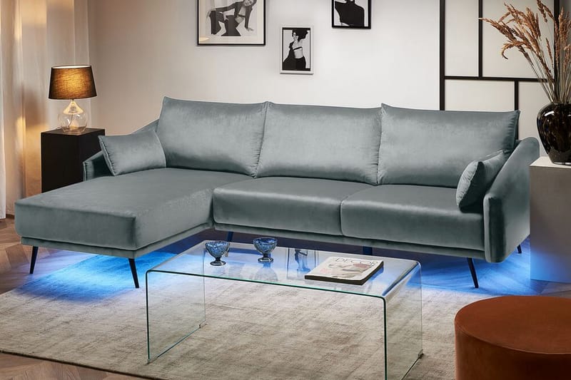 Bartelme Hjørnesofa Høyre med LED-Belysning Fløyel - Grå - Møbler - Sofaer - Sofa med sjeselong