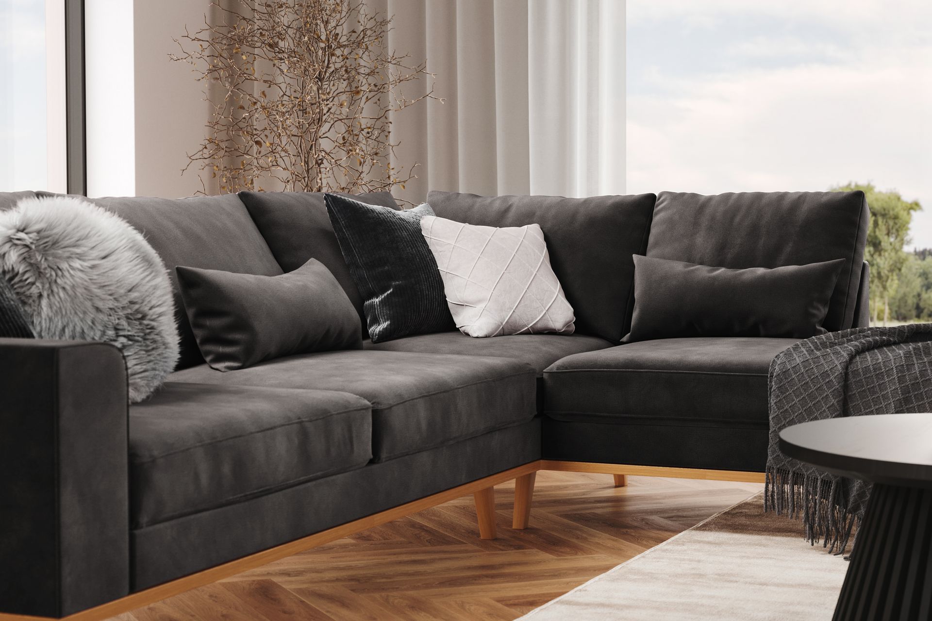 Copenhagen 4-seters Høyrevendt L-formet Divansofa i Fløyel - Mørk grå - Møbler - Sofaer - Sofa med sjeselong