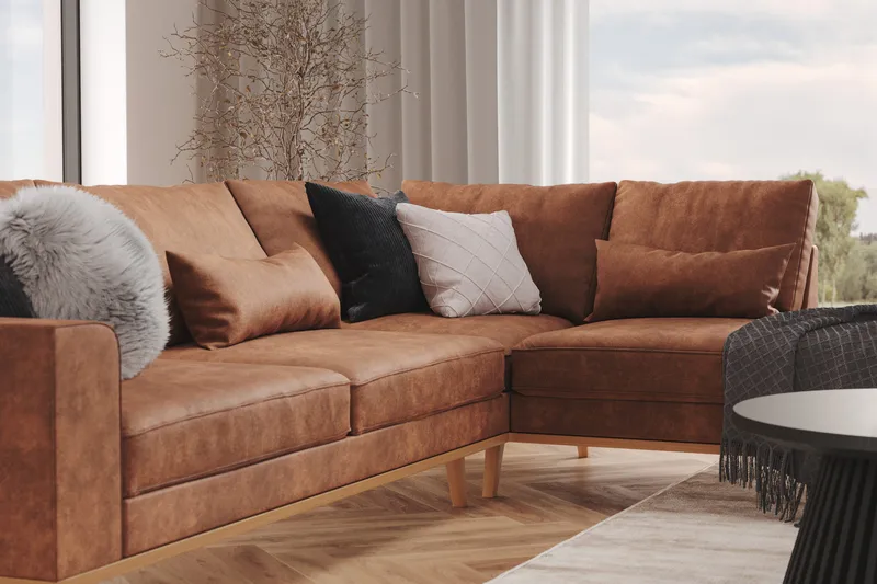 Copenhagen 4-seters Høyrevendt L-formet Divansofa i Kunstlær - Brun - Møbler - Sofaer - Sofa med sjeselong