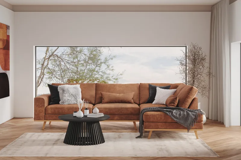 Copenhagen 4-seters Høyrevendt L-formet Divansofa i Kunstlær - Brun - Møbler - Sofaer - Sofa med sjeselong