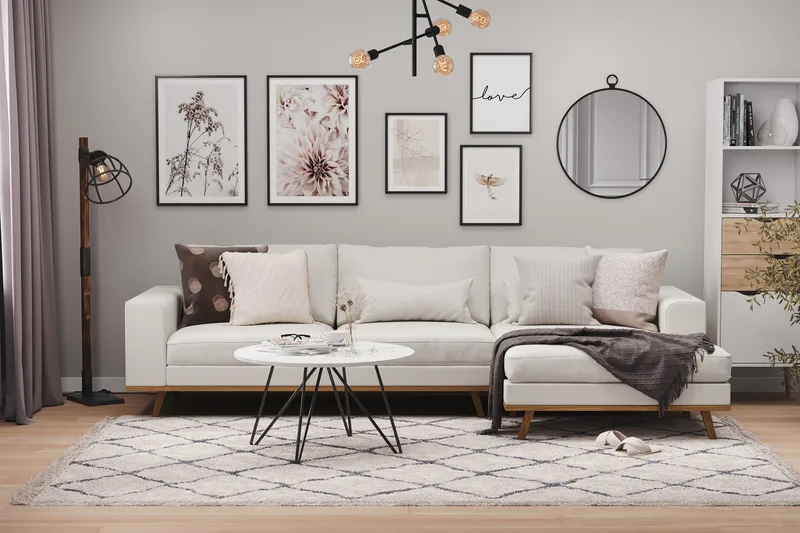 Copenhagen 4-seters Høyrevendt L-formet Divansofa i Stoff - Lys grå - Møbler - Sofaer - Sofa med sjeselong