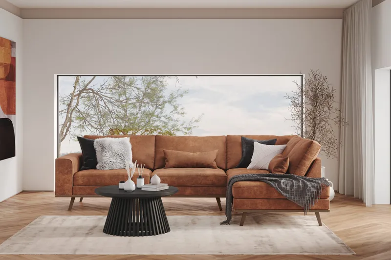 Copenhagen 4-seters Høyrevendt L-formet Sjeselongsofa i Kunstlær - Brun - Møbler - Sofaer - Sofa med sjeselong