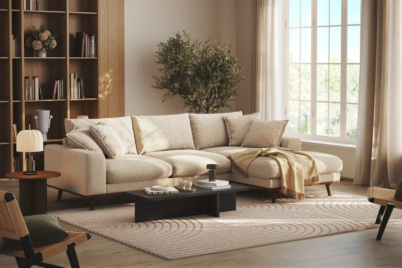 Copenhagen Premium 4-personers Højrevendt L-formet Dyb Divansofa i Chenille - Beige - Møbler - Sofaer - Sofa med sjeselong
