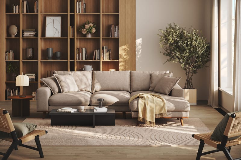 Copenhagen Premium 4-personers Højrevendt L-formet Dyb Divansofa i Stoff - Lyse brun - Møbler - Sofaer - Sofa med sjeselong