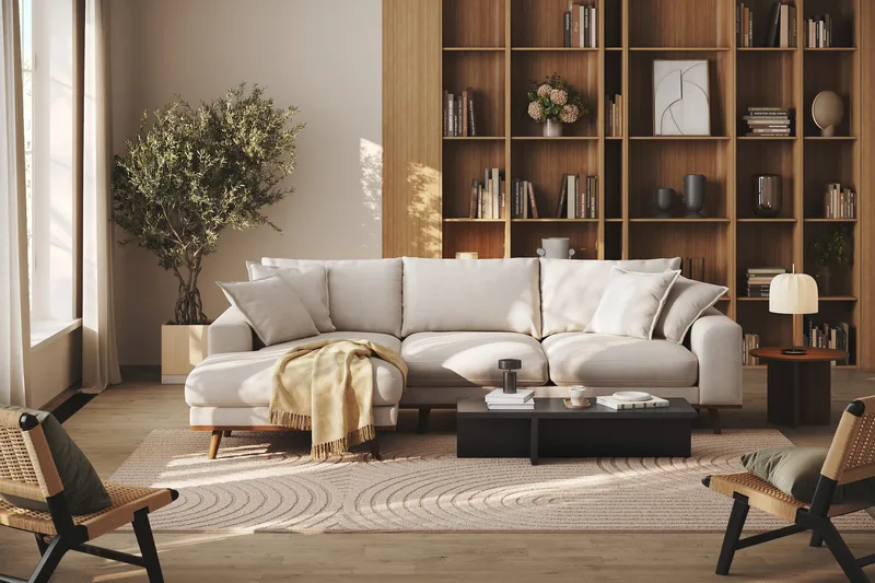 Copenhagen Premium 4-personers Venstrevendt L-formet Dyb Divansofa i Stoff - Beige - Møbler - Sofaer - Sofa med sjeselong