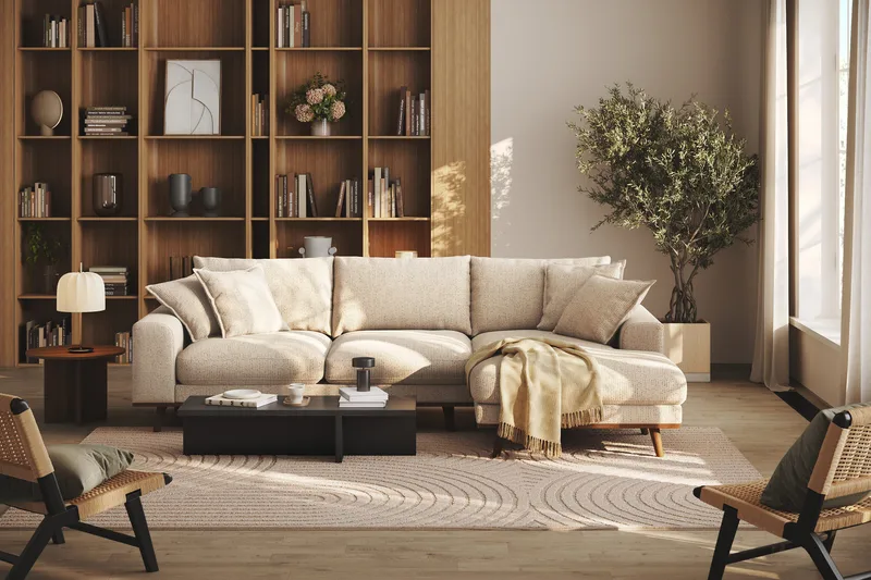 Copenhagen Premium 4-personers Højrevendt L-formet Dyb Divansofa i Chenille - Beige - Møbler - Sofaer - Sofa med sjeselong
