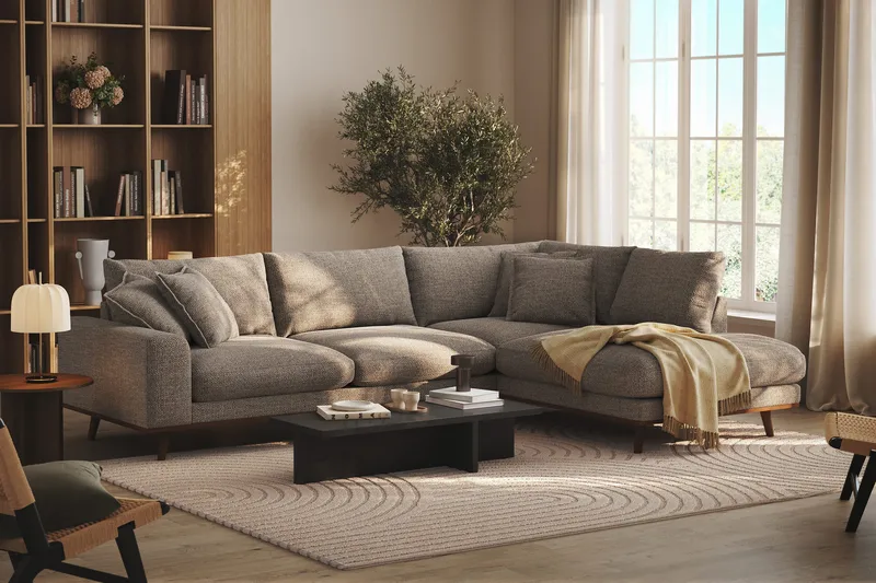 Copenhagen Premium 4-personers Højrevendt L-formet Dyb Chaiselongsofa i Chenille - Brun - Møbler - Sofaer - Sofa med sjeselong
