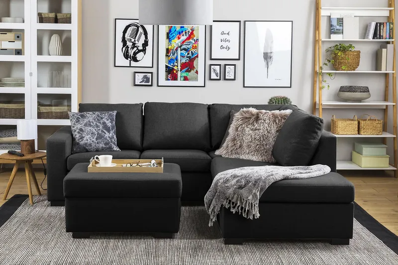 Crazy 3-seters Høyrevendt L-formet Sjeselongsofa i Stoff - Antrasitt - Møbler - Sofaer - Sofa med sjeselong - 2 seters sofa med divan