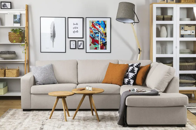 Crazy 3-seters Høyrevendt L-formet Sjeselongsofa i Stoff - Beige - Møbler - Sofaer - Sofa med sjeselong - 3 seters sofa med divan