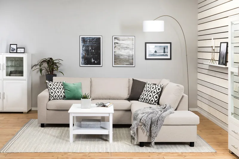 Crazy 3-seters Høyrevendt L-formet Sjeselongsofa i Stoff - Beige - Møbler - Sofaer - Sofa med sjeselong - 3 seters sofa med divan