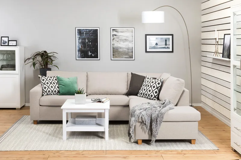 Crazy 3-seters Høyrevendt L-formet Sjeselongsofa i Stoff - Beige - Møbler - Sofaer - Sofa med sjeselong - 3 seters sofa med divan