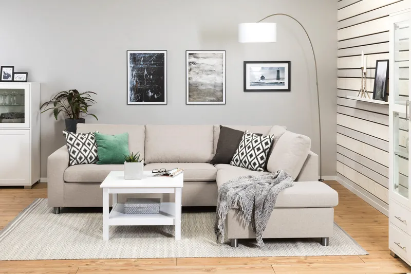 Crazy 3-seters Høyrevendt L-formet Sjeselongsofa i Stoff - Beige - Møbler - Sofaer - Sofa med sjeselong - 3 seters sofa med divan