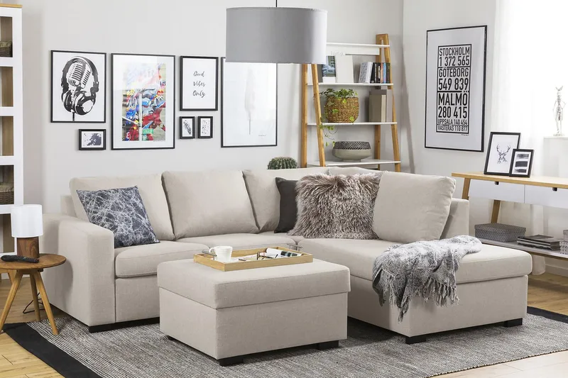 Crazy 3-seters Høyrevendt L-formet Sjeselongsofa i Stoff - Beige - Møbler - Sofaer - Sofa med sjeselong - 2 seters sofa med divan