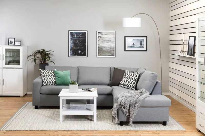 Crazy 3-seters Høyrevendt L-formet Sjeselongsofa i Stoff - Grå - Møbler - Sofaer - Sofa med sjeselong - 3 seters sofa med divan