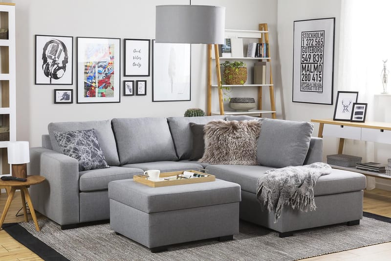 Crazy 3-seters Høyrevendt L-formet Sjeselongsofa i Stoff - Grå - Møbler - Sofaer - Sofa med sjeselong