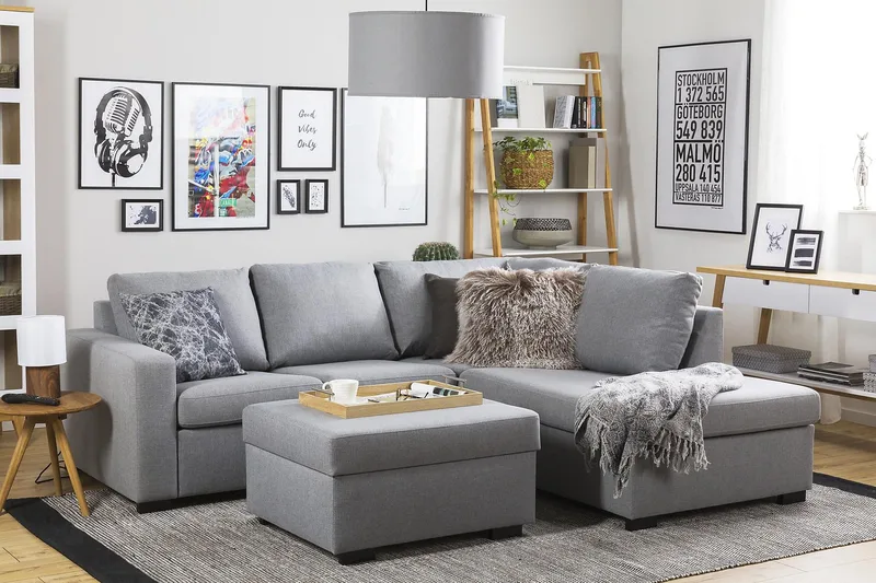 Crazy 3-seters Høyrevendt L-formet Sjeselongsofa i Stoff - Grå - Møbler - Sofaer - Sofa med sjeselong - 2 seters sofa med divan