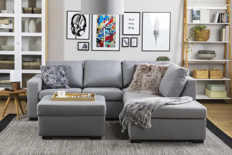 Crazy 3-seters Høyrevendt L-formet Sjeselongsofa i Stoff - Grå - Møbler - Sofaer - Sofa med sjeselong - 2 seters sofa med divan