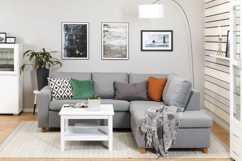 Crazy 3-seters Høyrevendt L-formet Sjeselongsofa i Stoff - Grå - Møbler - Sofaer - Sofa med sjeselong - 2 seters sofa med divan